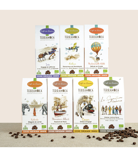 TERRAMOKA - 7x200G CAFÉ GRAIN BIO | Valisette Café d'Excellence - Coffret Café Grain Grand Cru 1kg 400 | Idée Cadeau