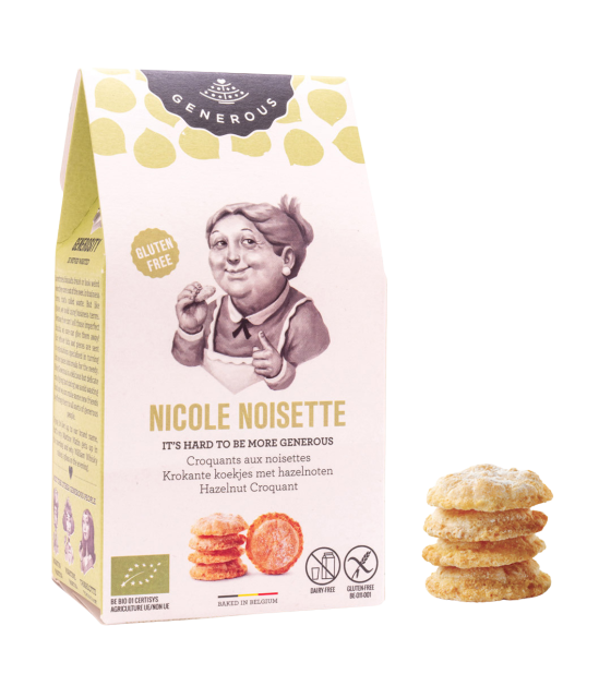 Découvrez notre recette gourmande de biscuit bio, sans gluten et sans lactose à la noisette Nicole Noisette.